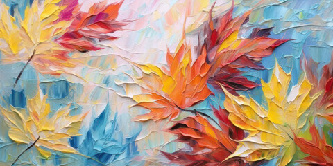 Wall Mural - Abstract rough colorful multicolored organic autumnal fallen maple leaves art painting texture, with oil acrylic brushstroke.