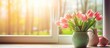 © TheWaterMeloonProjec - Blooming pink tulips in green vase on a table by a sunset-lit window in a cozy home.