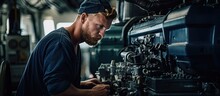 Caucasian male engineer on a superyacht maintaining the generator in the engine room.