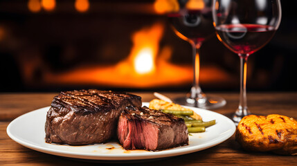 Grilled steaks on a plate with a side of vegetables, in front of a cozy fireplace and two glasses of red wine on a wooden table