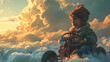 Child Riding Bike in Clouds with Sunset Sky. Generative AI