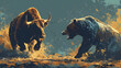 Bull and Bear in Stylized Market Battle. Illustration created with Generative AI