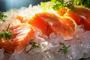 Wall Mural - Tender fillet of seasoned salmon on ice. Fresh fish in the store.