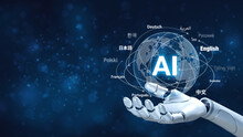Ai Translate Language Concept.Robot Hand Holds Ai Translator With Blue Background, Artificial Intelligence Chatbot Equipped With A Language Model Technology.