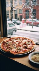 Poster - A pizza sitting on top of a table next to a window