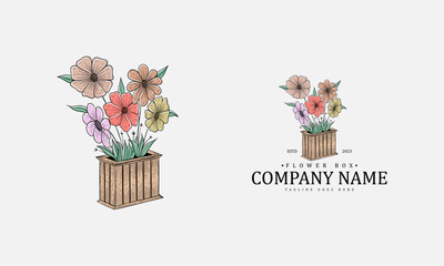 Wall Mural - Garden box logo with flower out of the box in hand drawn vintage style. suitable for floral and delivery business