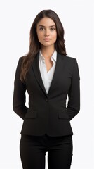 Poster - woman in a formal suit hands in pockets. Generative  AI 