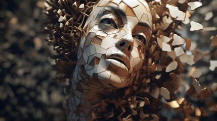 Leinwandbilder - Fragmented and distorted shapes creating a unique and abstract visual tapestry. in the form of a face. Generative  AI 