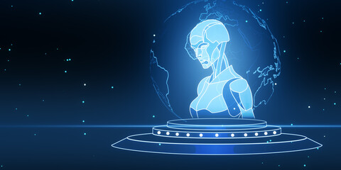 Creative glowing robot hologram with globe. Artificial intelligence, machine learning and chat gpt concept. 3D Rendering.