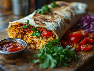 Wall Mural - Beef shawarma sandwich fresh roll, wrap of grilled meat and salad tortilla wrap with white sauce.