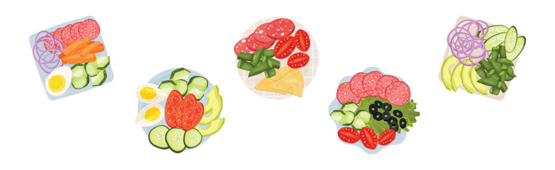 Sticker - Sliced and Cut Vegetables, Wurst and Cheese Served on Plate Above View Vector Set