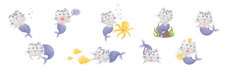 Poster - Cute Cat Mermaid Character with Fish Tail Vector Set