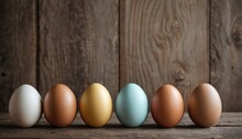  Five Eggs Lined Up In A Row On A Wooden Table Next To A Wooden Wall, With One Egg In The Middle Of The Row And One In The Middle Of The Row.