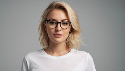  a woman wearing glasses and a white t - shirt is looking at the camera with a serious look on her face as she stands in front of a gray background.