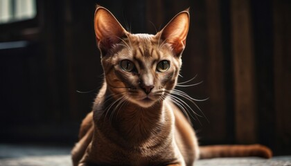  a close up of a cat sitting on a floor looking at the camera with a serious look on it's face, with a wooden wall in the background.