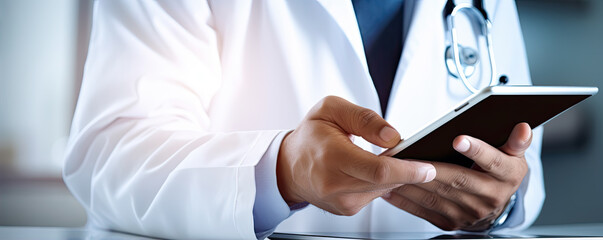 Doctor using digital tablet in hospital rooms. digital healthcare and medicine review.  banner