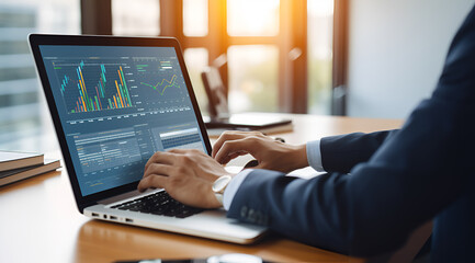 trading developer typing on laptop computer in office, ai technology development, stock market