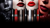 Fototapeta  - Set of different colors of lipsticks on women's bright lips background. Lipstick advertising banner mockup.