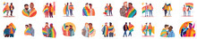 Set Of A Gay Couple With A Rainbow Flag. The Concept Of LGBTQ. Illustration Of A Couple Of Men In Love. Men Of Different Races, Vector Illustration On A White Background, Flat Colors, Outline