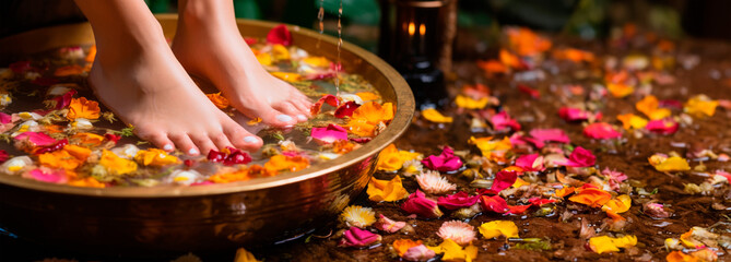 Spa treatment for feet with beautiful pedicure in golden Thai bowl water with flower petals.Body care. Beauty salon.Close-up of a woman washing delicate and smooth feet. Ultra wide banner.Copy space