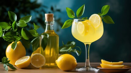 Poster - still life with green leaves and lemon with lemon juice