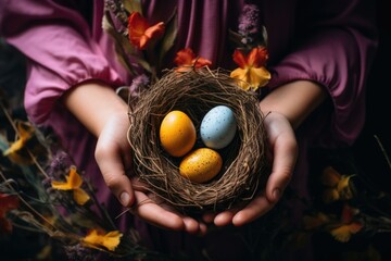 Canvas Print - Easter eggs in a nest with flowers and leaves. Generative AI.