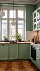 Poster - A kitchen with green cabinets and wooden floors. Generative AI.