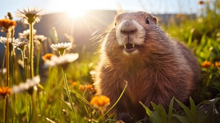Wall Mural - A cute fluffy marmot crawled out of its hole among meadow grasses and flowers on a sunny spring day.