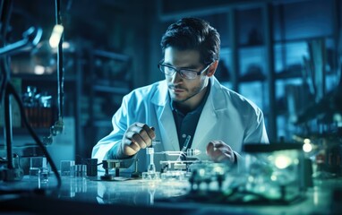 Wall Mural - A skilled biomedical engineer in a lab coat focuses on developing innovative medical devices, revolutionizing healthcare. Generative AI.