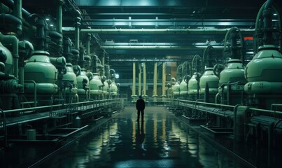 Wall Mural - An engineer navigates a maze of pipes in a water treatment facility, ensuring smooth filtration. Generative AI.