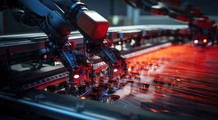 Poster - A futuristic textile manufacturing line with automated robots weaving and stitching fabric, producing high-quality textiles. Generative AI.