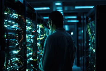 A network engineer configuring servers in a high-tech server room, ensuring smooth communication infrastructures. Generative AI.