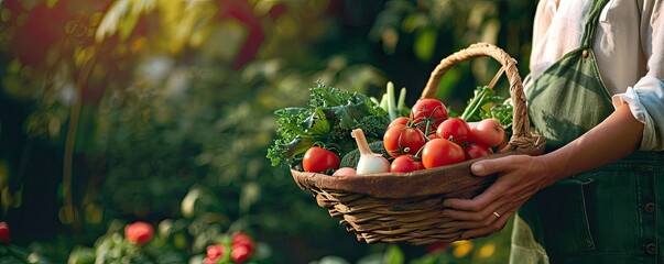 Wall Mural - Farm fresh bounty. Vibrant and bountiful showcases array of colorful and organic vegetables carefully arranged in rustic basket. Assortment includes juicy red tomatoes crisp bell peppers green
