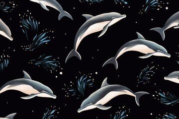 Wall Mural - Dolphins pattern vector style, texture, pattern, black background Generative AI