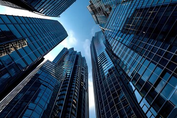 Modern cityscape dominated by sleek skyscrapers. Architecture is testament to human achievement reaching towards sky with innovation. Buildings are blue reflecting and futuristic nature of city