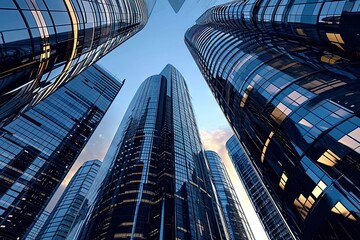 Modern cityscape dominated by sleek skyscrapers. Architecture is testament to human achievement reaching towards sky with innovation. Buildings are blue reflecting and futuristic nature of city