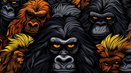 Wall Mural - Gorillas pattern vector style, texture, pattern, black background Generative AI