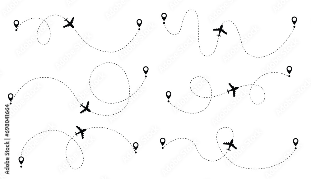 Airplane dotted route line set. Path travel line shapes. Flight route ...