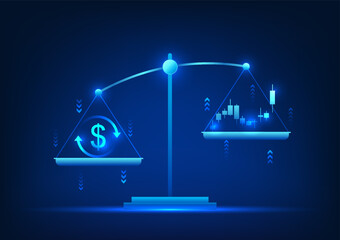 Weighing scale Weighing money with the stock graph shows the price of the stock graph rising. Those who invest will receive profits from increased stock prices. Vector background illustration