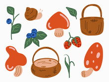 The Forest Set. Mushrooms, Berries, Baskets, Grass, Blueberries, Raspberries, Snail. A Set Of Forest Illustrations For Children's Books, Clothes, Prints