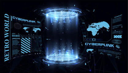 Leinwandbilder - Blank display, stage or podium for show product in futuristic cyberpunk style.3d lab hologram, ai and ui fantasy frame, techno vr cyberspace room. Technology demonstration. Vector illustration