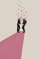 Sticker - Vertical collage image of two excited black white effect partners hold hands dancing drawing hearts isolated on beige background