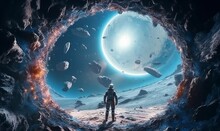 Astronaut Observing Another Universe Emerging From A Portal, Illustrated In A Digital Art Style.