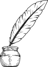 Ink Bottle With Goose Feather In Engraving Style. Design Element For Poster, Card, Banner, Sign. Vector Illustration