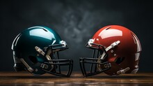 Two American Football Helmets Facing Each Other
