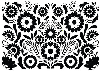 Mexican flower traditional pattern background in coloring style. Ethnic embroidery decoration ornament. Flower symmetry texture. Festive mexican floral motif. Vector illustration