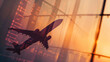 Illustration. Startendes Flugzeug als Silhouette fliegt durch den Sonnenuntergang und Fluginformationstafel mit Doppelbelichtungseffekt