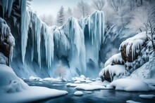 Frozen Waterfall In The Mountains