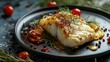 Baked cod fish fillet with spices, herbs, and cherry tomatoes on a dark plate, gourmet seafood concept.