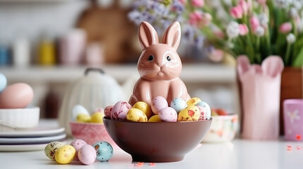 Wall Mural - still life with the Easter bunny and colored eggs, flowers, decorated table, stylish kitchen interior, ceramic figurine, sweet chocolate, tradition, Christian holiday, spring, symbol, hare, rabbit